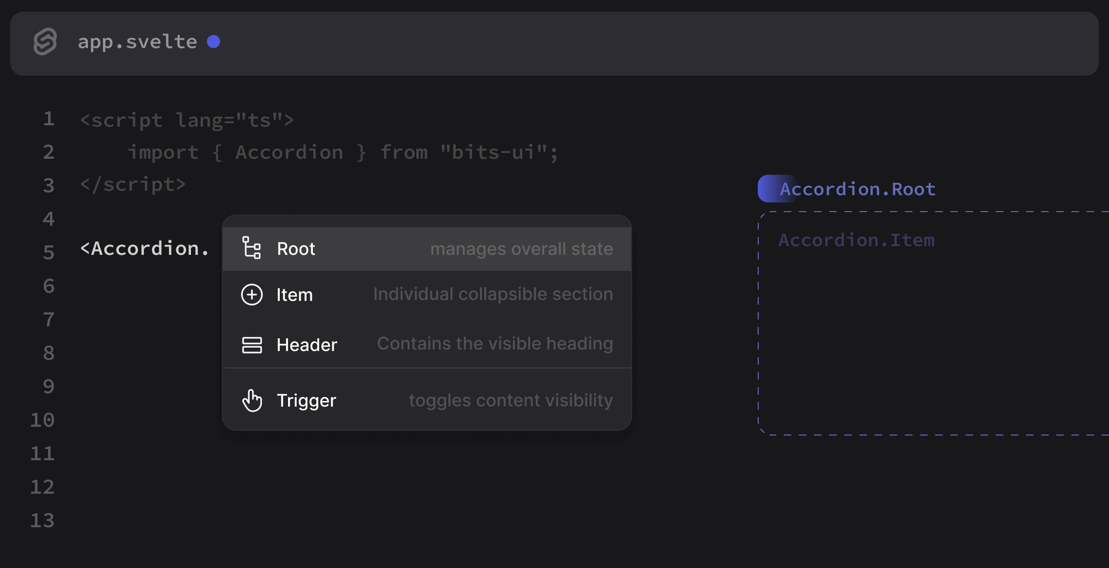 Accordion builder UI: Easily compose accessible accordion components with Bits UI.